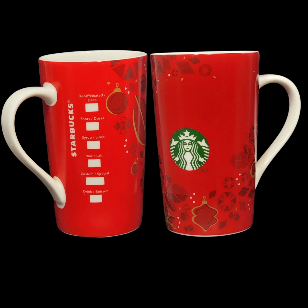Starbucks 2013 Holiday Collection Tall Ceramic Mug Red Gold Ornaments